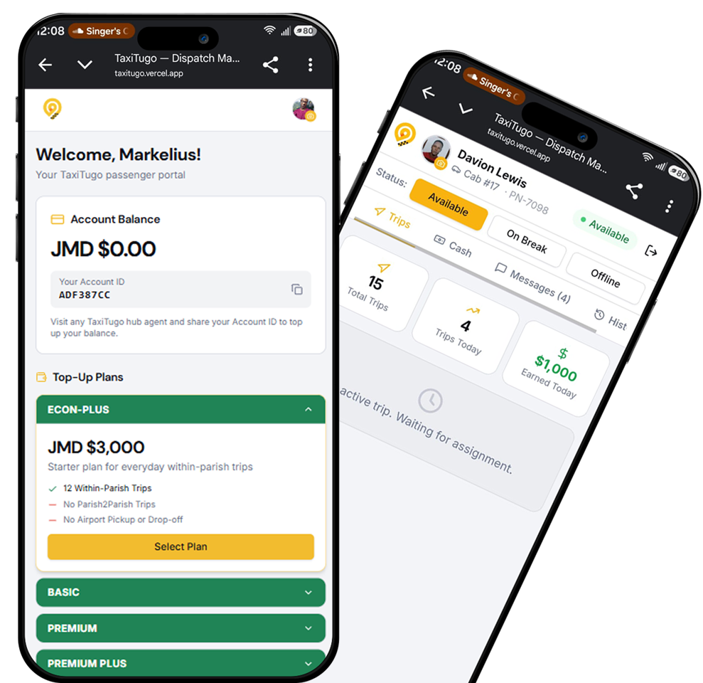 TaxiTugo passenger and driver app screens